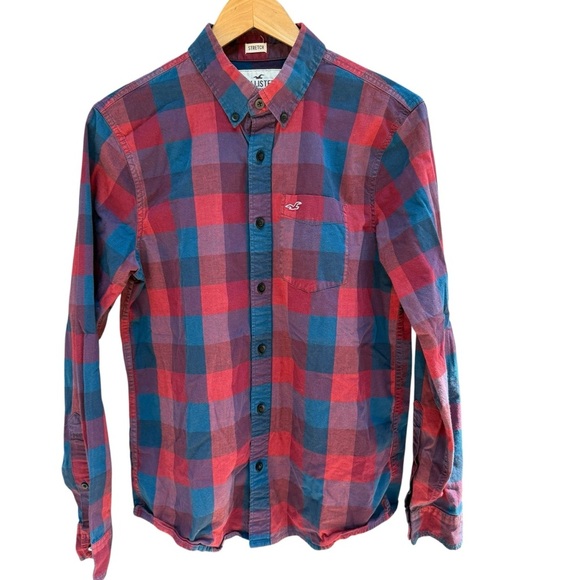 Hollister men’s stretch Plaid Button-Down Shirt - Red and Blue Size M - Picture 2 of 9